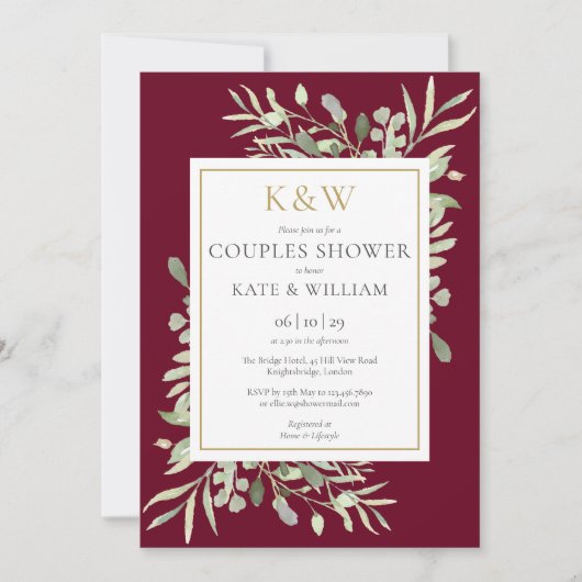 Invitation Or Monogramme Vert Bourgogne Couples Douche (Devant)