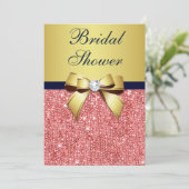 Invitation Or Navy Corail Sequins Diamants Nœud Mariage (Debout devant)