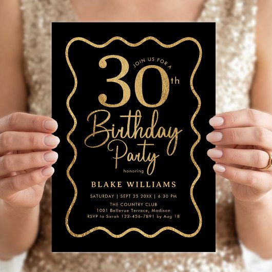 Invitation Or noir 30e anniversaire bordure ondulée