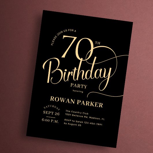 Invitation Or noir 70e anniversaire Écriture élégante