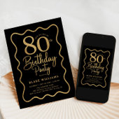Invitation Or noir 80e anniversaire bordure ondulée