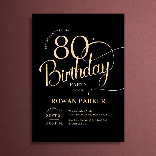 Invitation Or noir 80e anniversaire Écriture élégante