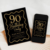 Invitation Or noir 90e anniversaire bordure ondulée