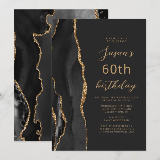 Invitation Or Noir Agate Ardoise Script 60ème Anniversaire (Devant / Derrière)