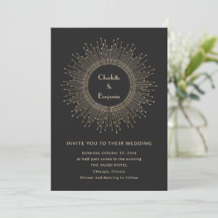 Invitation Or Noir Art Déco Éventail de Soleil Mariage Glamou
