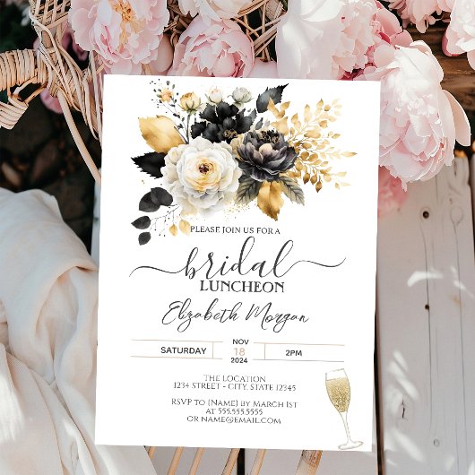 Invitation Or Noir Blanc Fleurs Luncheon de Mariée