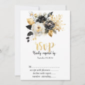 Invitation Or Noir Blanc Fleurs RSVP (Devant)