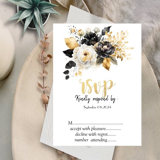Invitation Or Noir Blanc Fleurs RSVP