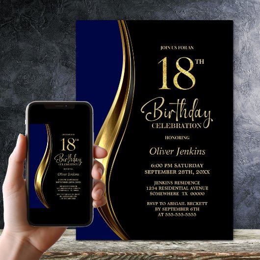 Invitation Or Noir Bleu Soirée des 18 ans