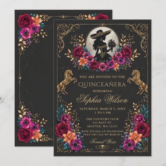 Invitation Or noir cheval occidental floral Charra Quinceañer (Devant / Derrière)