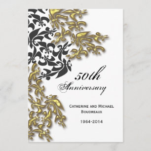 Invitation Or noir Damask Fleur de Lis Anniversary