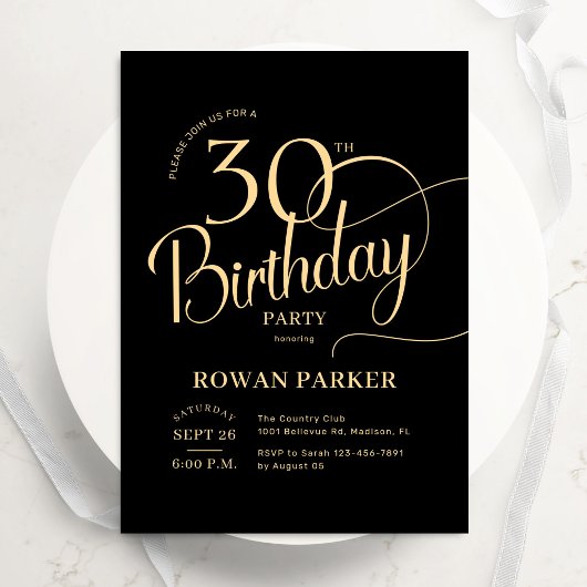 Invitation Or noir Élégant Script pour 30e anniversaire
