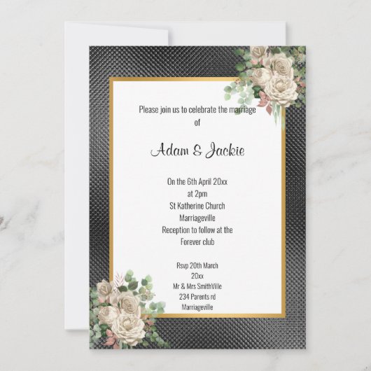 INVITATION OR NOIR EMBOSSÉ ROSE EUCALYPTUS MARIAGE BLANC (Devant)