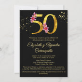 Invitation Or Noir Espagnol Fleur Rose 50e Anniversaire (Devant)