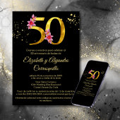 Invitation Or Noir Espagnol Fleur Rose 50e Anniversaire