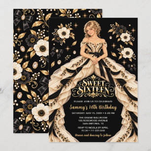 Invitation Or noir et doré pour un anniversaire Sweet Sixteen
