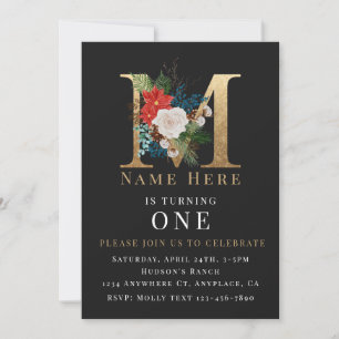 Invitation Or Noir Fleur Blanche Lettre M