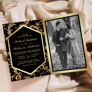 Invitation Or Noir Fleurir Tourbillon Photo Code QR Mariage