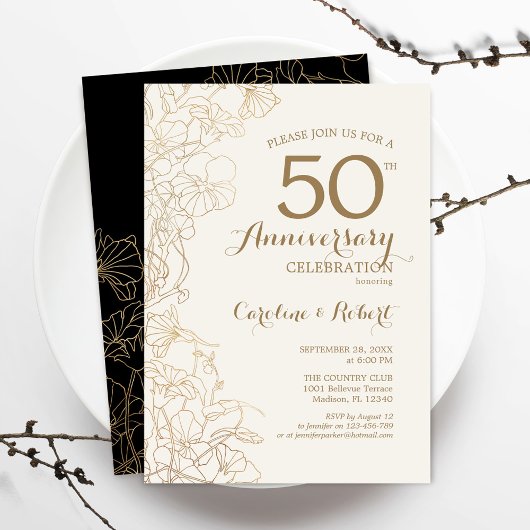 Invitation Or Noir Floral 50e Anniversaire