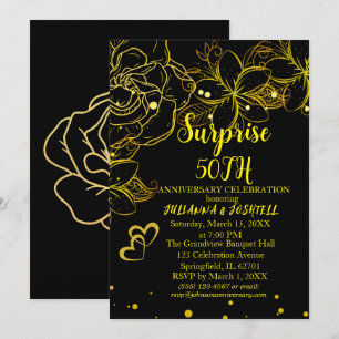 Invitation Or Noir Floral Surprise 50e Anniversaire Doré