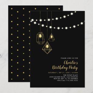 Invitation Or & Noir Guirlande Lumineuse Moderne pour Fête