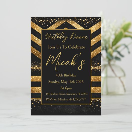 Invitation Or Noir Lignes Points Luxe Moderne Glamour Premium (Debout devant)
