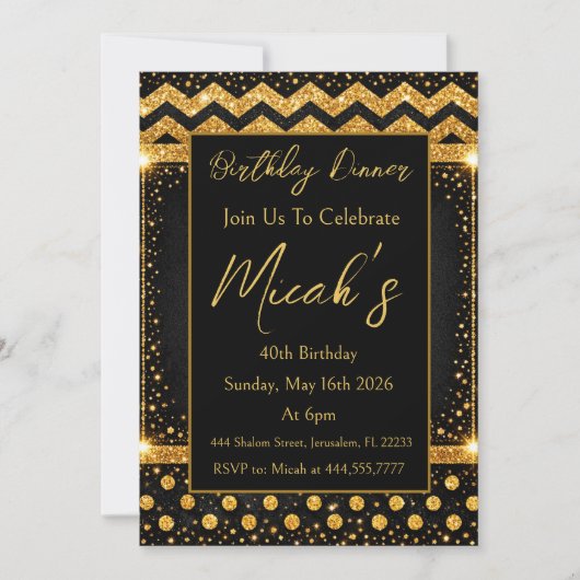 Invitation Or Noir Lignes Zig zag Confettis Points Luxe Chic (Devant)