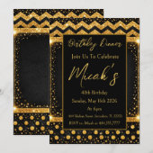 Invitation Or Noir Lignes Zig zag Confettis Points Luxe Chic (Devant / Derrière)
