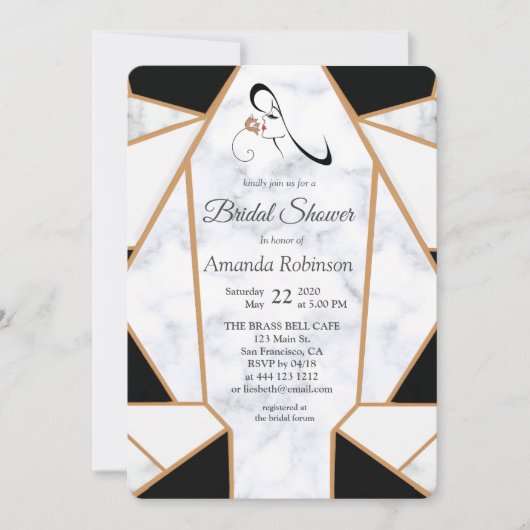 Invitation Or noir moderne Abstrait sur le Marbre blanc (Devant)