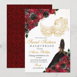 Invitation Or Noir Roses Rouges Masquerade Sweet 16