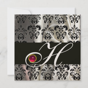 INVITATION OR NOIR SOIE DAMASSÉE MONOGRAMME ROSE RUBIS