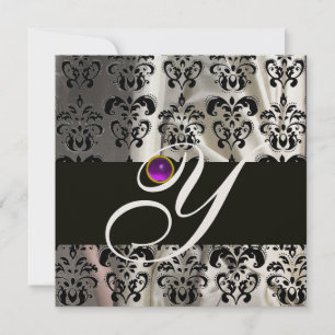 INVITATION OR NOIR SOIE DAMASSÉE MONOGRAMME VIOLET AMÉTHYSTE