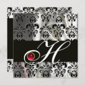 INVITATION OR NOIR SOIE TISSU DAMASSÉ MONOGRAMME ROSE RUBIS (Devant / Derrière)