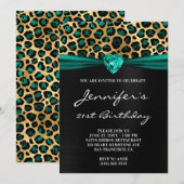 Invitation Or Noir Vert sarcelle Léopard Feuille 21e Annivers (Devant / Derrière)