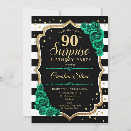 Invitation Or noir Vert Surprise 90e anniversaire (Devant)