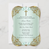 Invitation Or Perle de Menthe Damassé Croix Baptême (Devant)