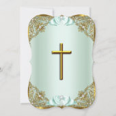 Invitation Or Perle de Menthe Damassé Croix Baptême (Dos)