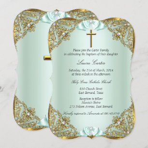 Invitation Or Perle de Menthe Damassé Croix Baptême