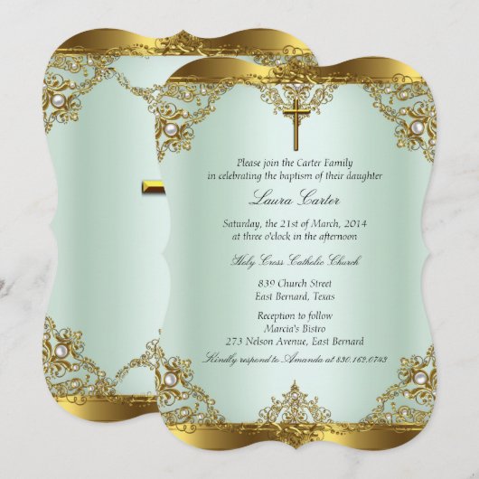 Invitation Or Perle de Menthe Damassé Croix Baptême Christeni (Devant / Derrière)