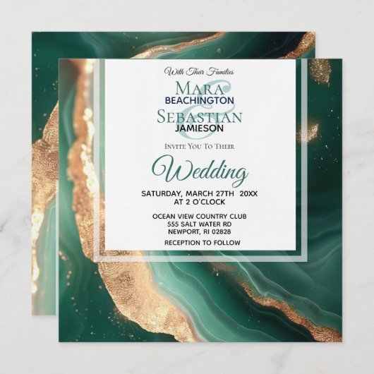 Invitation *~*OR QR EMERALD GREEN Agate RSVP AR66 Mariage (Devant / Derrière)