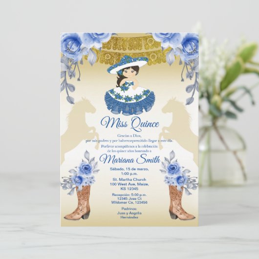 Invitation Or Quinceanera Fleurs Roses Bleu Or Mexicain  (Debout devant)