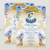 Invitation Or Quinceanera Fleurs Roses Bleu Or Mexicain  (Devant / Derrière)