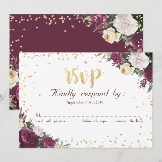 Invitation Or Réponse Florale Bourgogne (Devant / Derrière)
