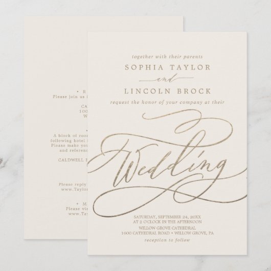 Invitation Or romantique | Détails ivoire sur le Mariage arri (Devant / Derrière)