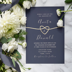 Invitation Or romantique et Mariage bleu marine