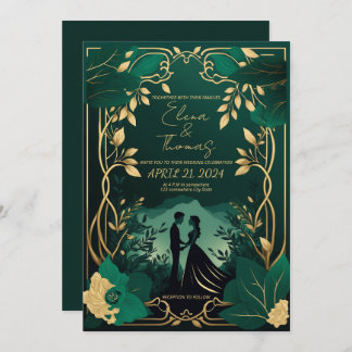 Invitation Or romantique et vert émeraude