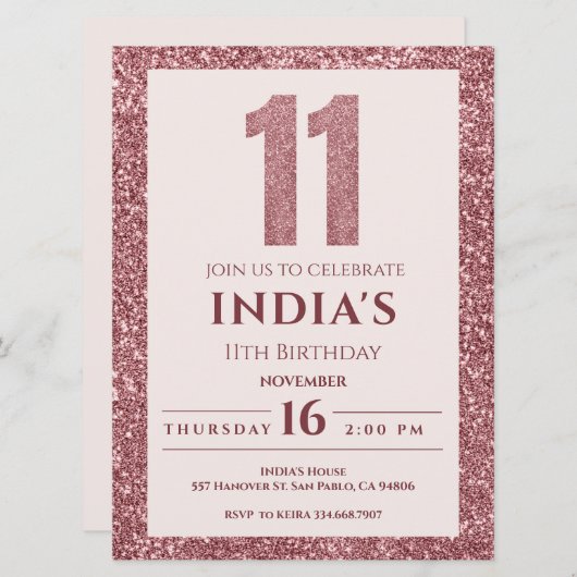 Invitation or rose 11e anniversaire (Devant / Derrière)