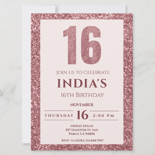 Invitation or rose 16e anniversaire (Devant)
