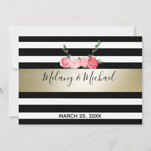 Invitation Or Rose avec bandes noir/blanc mariage RSPV (Dos)