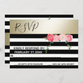 Invitation Or Rose avec bandes noir/blanc mariage RSPV (Devant / Derrière)